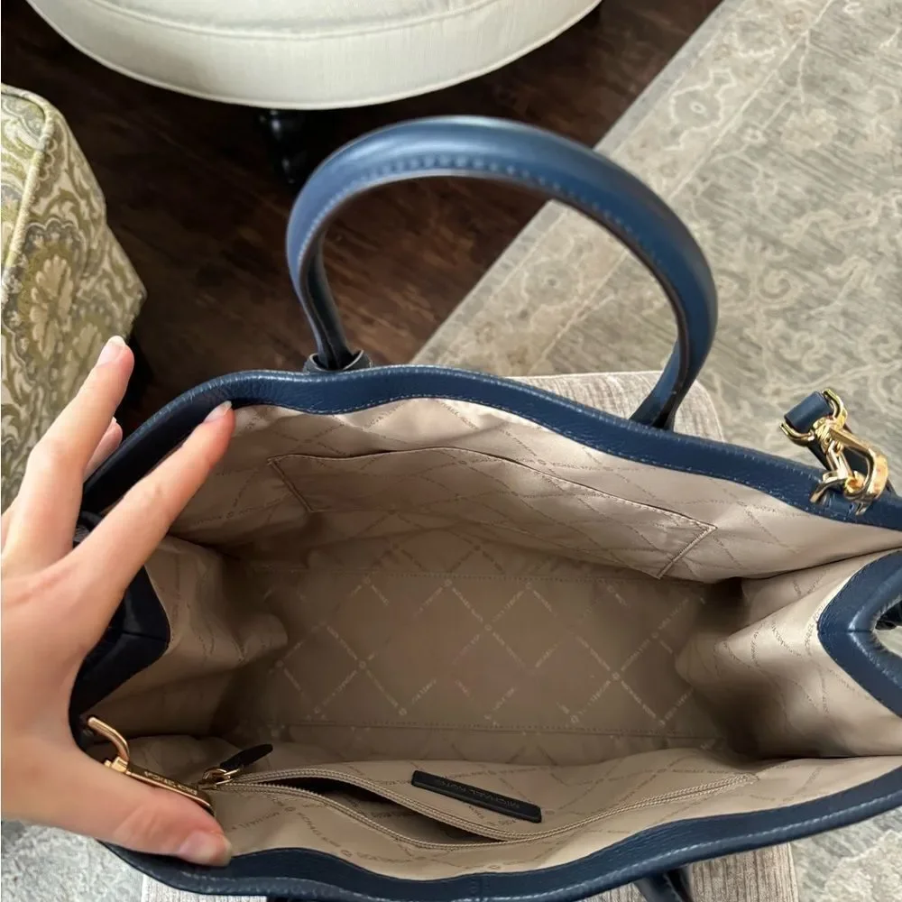 Michael Kors MK Mirella Medium Pebbled Leather Shoulder Tote Bag - Navy
